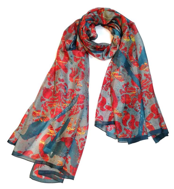 Scarf 100% Silk Paj Red Grey Blue